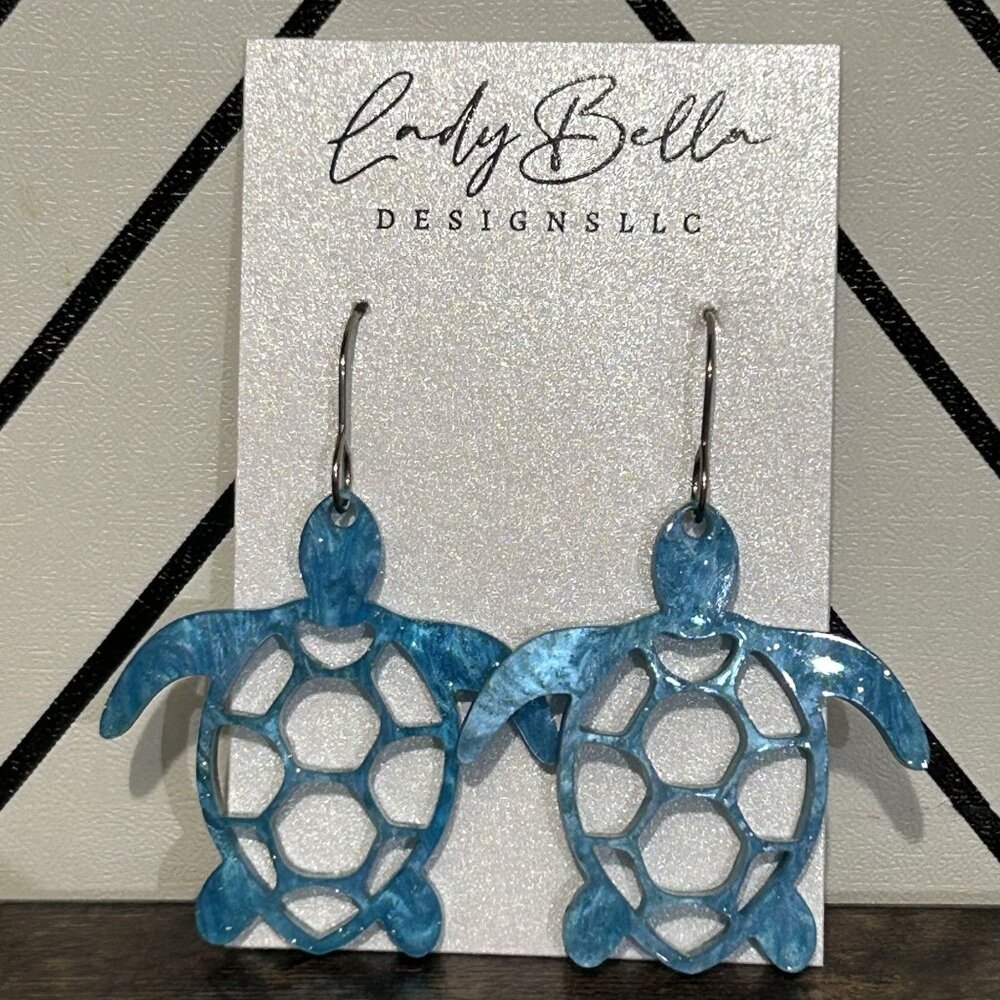NEW Turtle Shaped Blue Acrylic Dangle Earrings Ocean Gift Summer Sea Life Travel